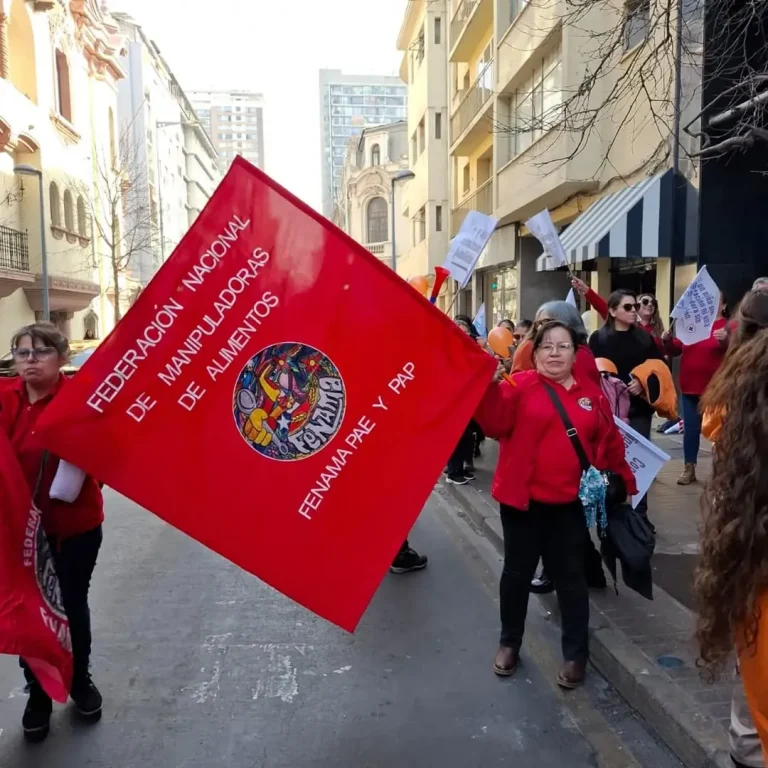Manipuladora sostiene la bandera de FENAMA en la calle