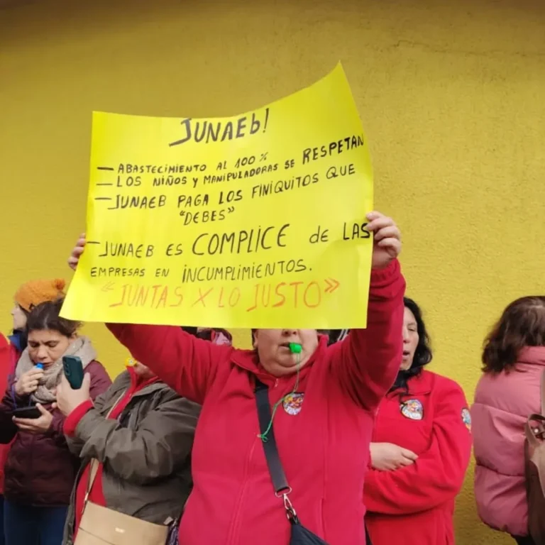 Manipuladora con cartel que exige a Junaeb pagar los finiquitos