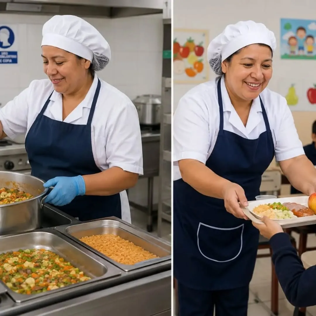 Manipuladora de alimentos sirviendo almuerzo en una cocina escolar